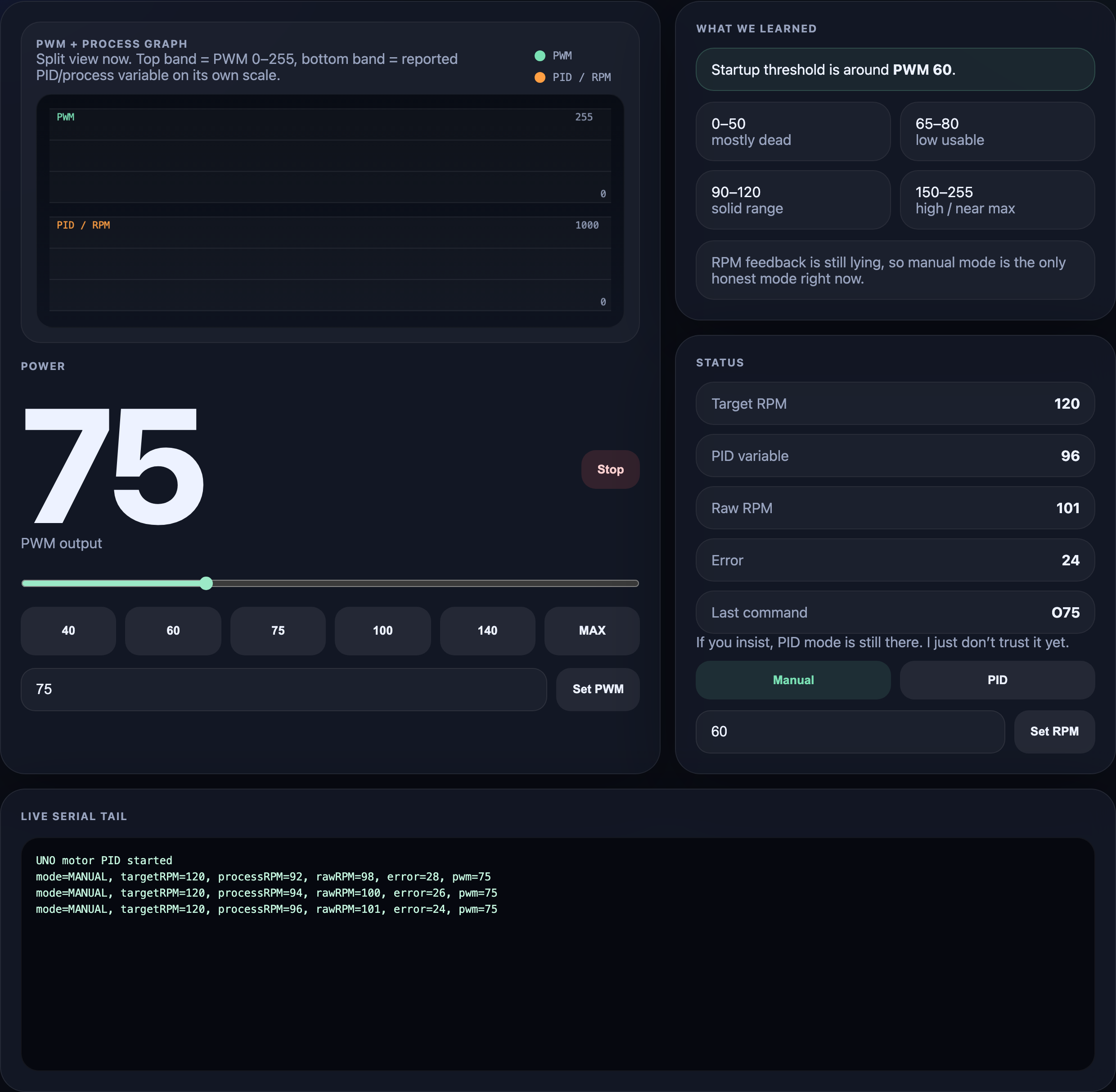 Local motor control UI with PWM graph, slider, and live status